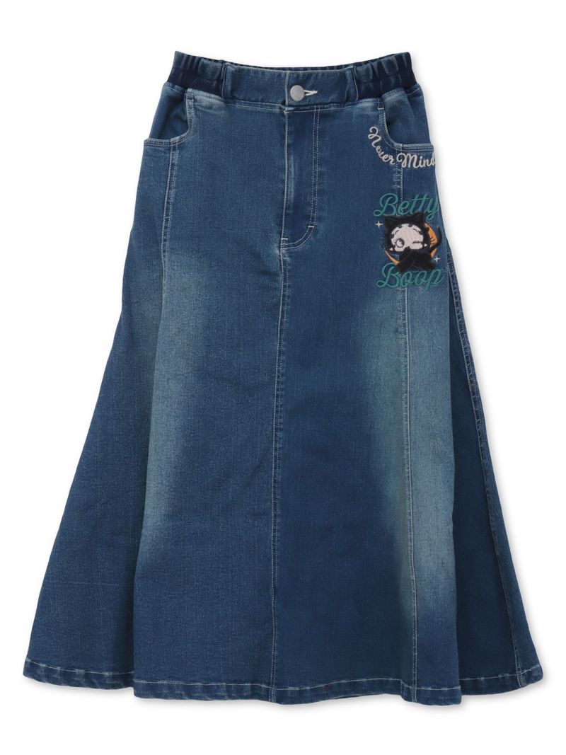【BETTY BOOP】“黒猫&白猫ベイビーベティ”総刺繍ストレッチデニム切替ロングスカート〔別注〕