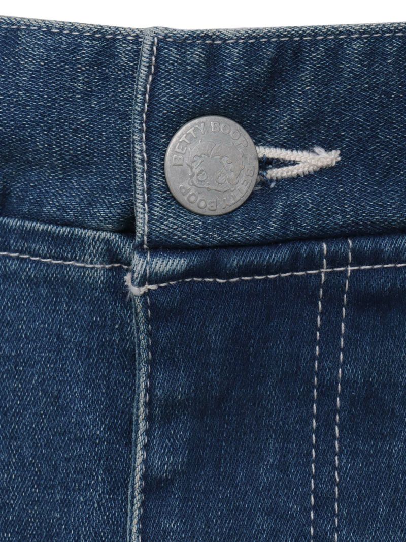 【BETTY BOOP】“黒猫&白猫ベイビーベティ”総刺繍ストレッチデニム切替ロングスカート〔別注〕