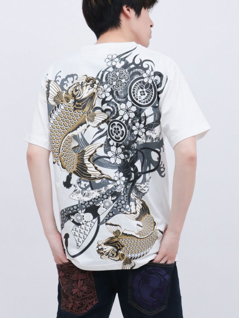 【和風景】登り鯉 刺繍入りプリントＴシャツ