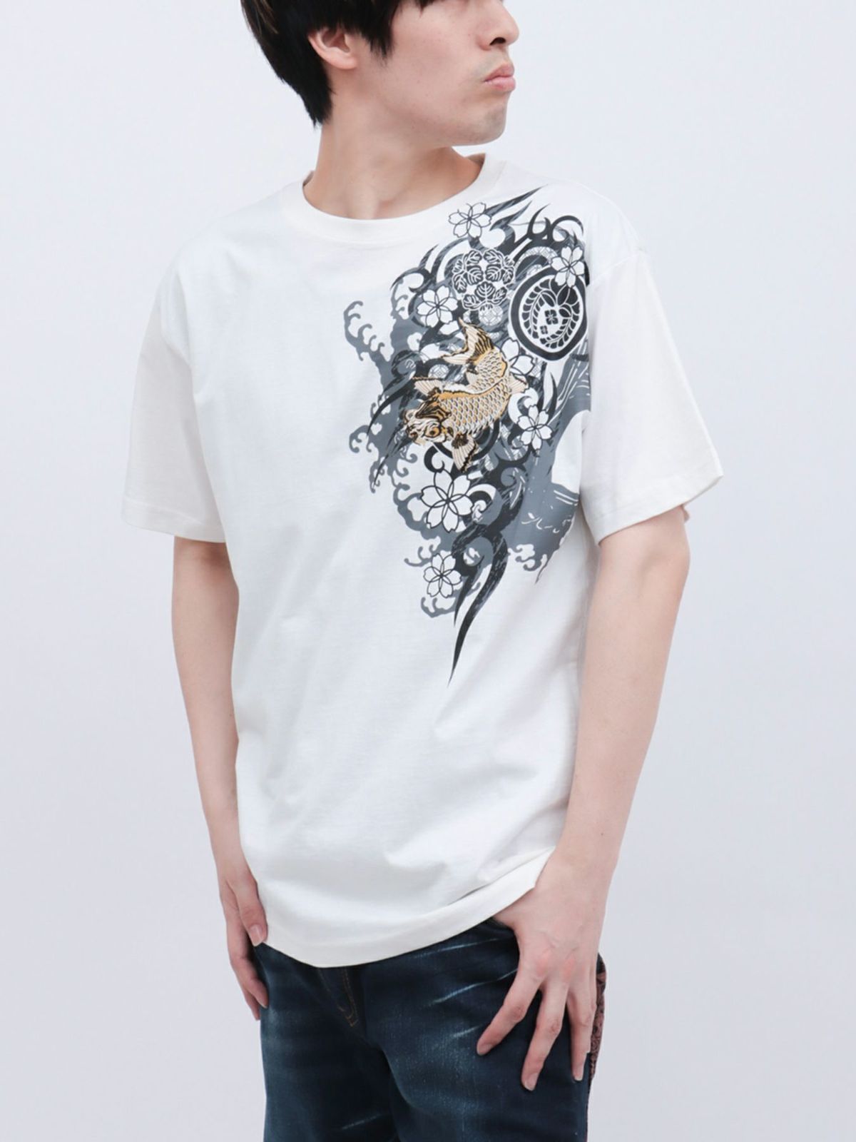 【和風景】登り鯉 刺繍入りプリントＴシャツ