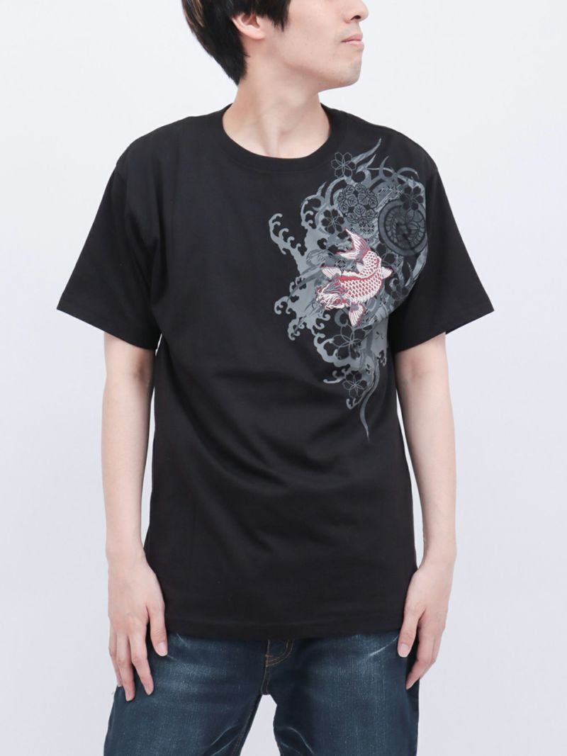 【和風景】登り鯉 刺繍入りプリントＴシャツ