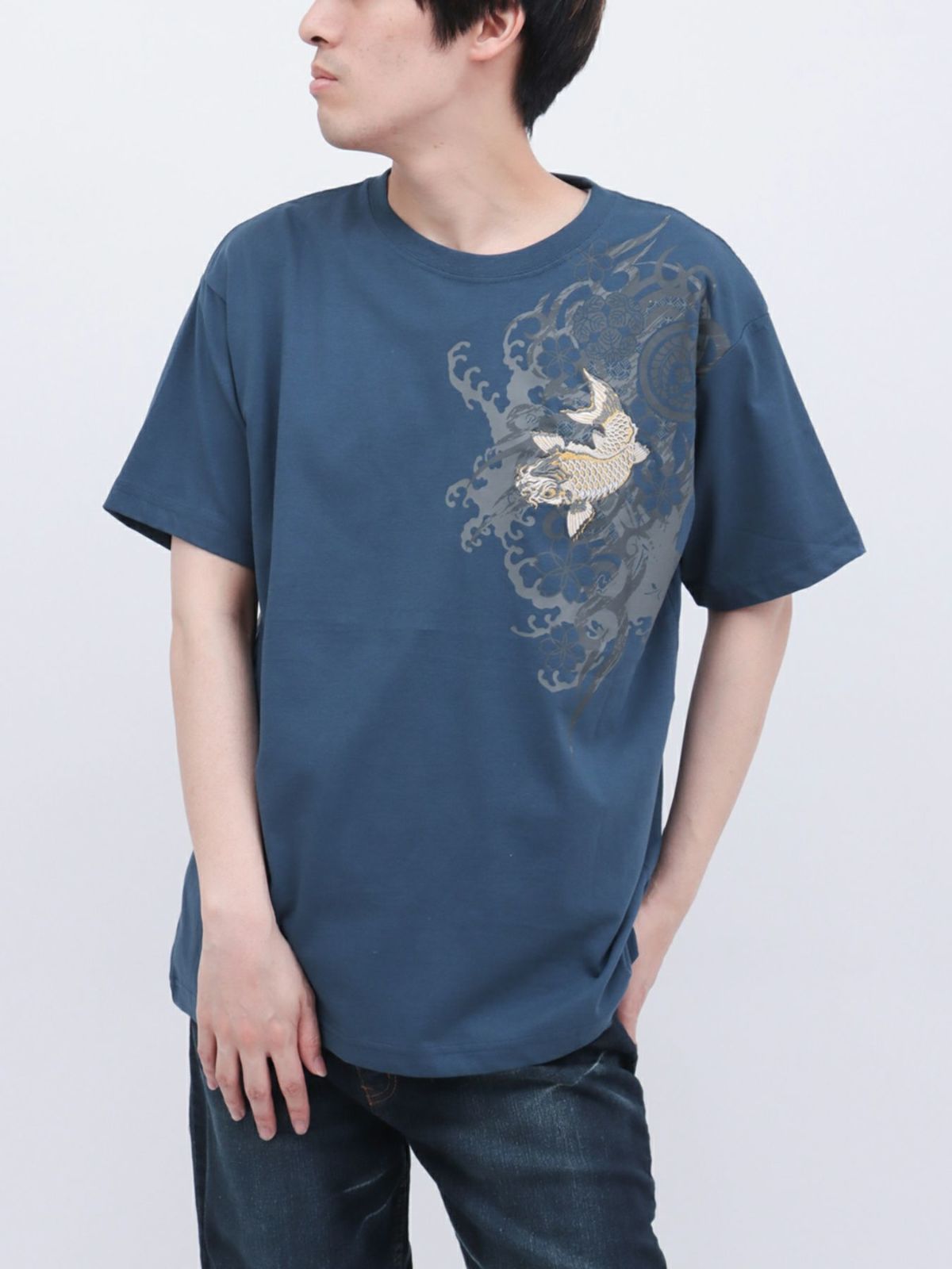 【和風景】登り鯉 刺繍入りプリントＴシャツ