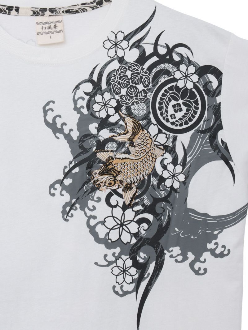 【和風景】登り鯉 刺繍入りプリントＴシャツ