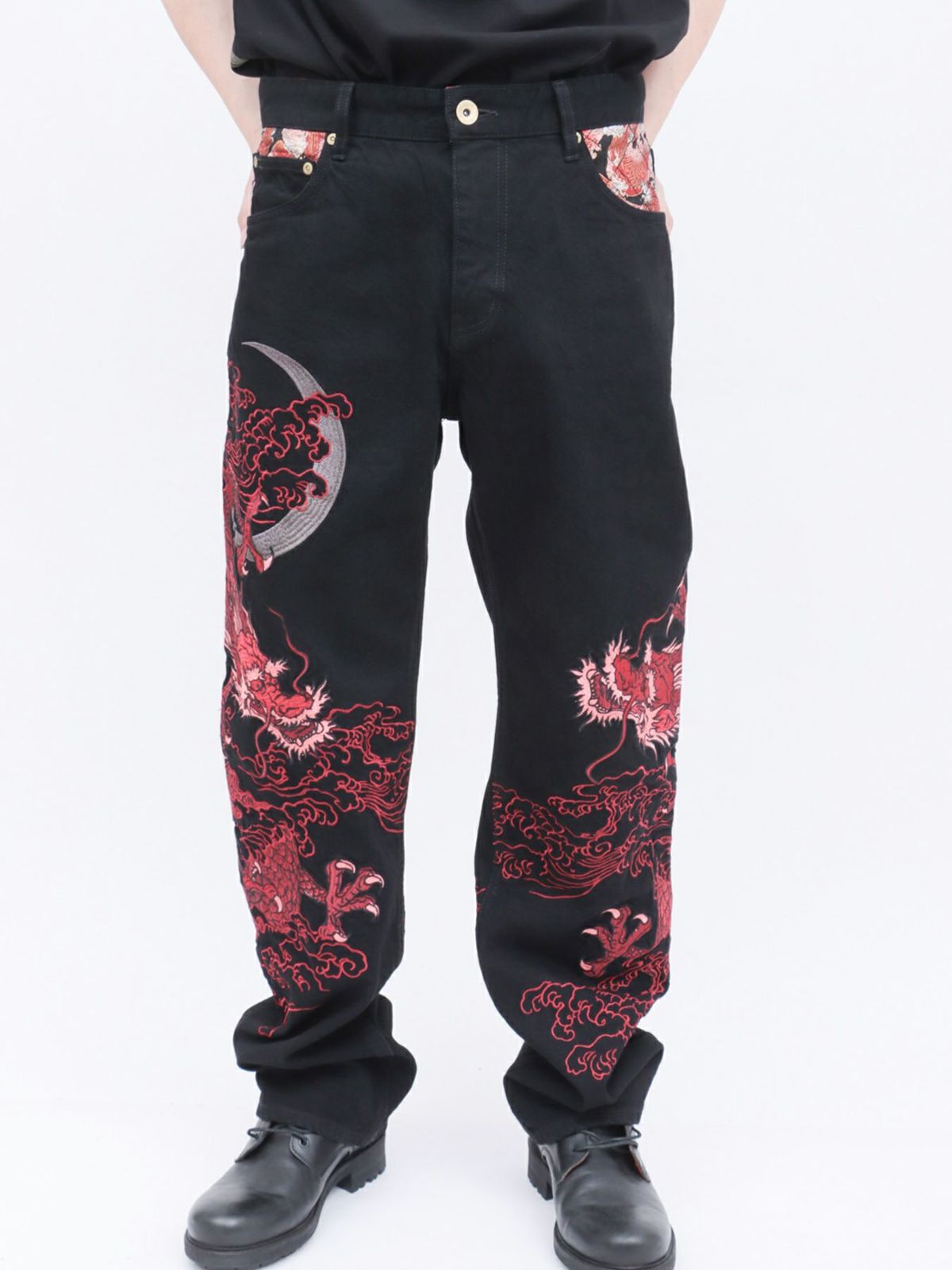 【絡繰魂・粋】“月光双龍”総刺繍デニムパンツ