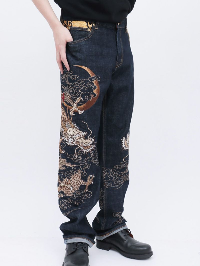 【絡繰魂・粋】“月光双龍”総刺繍デニムパンツ