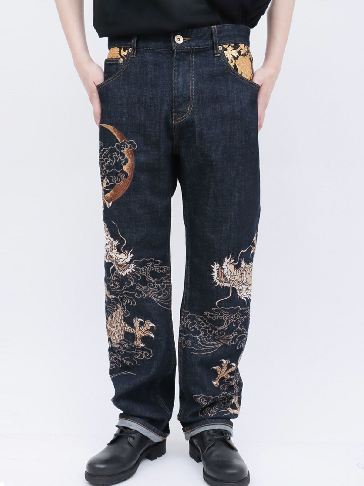 【絡繰魂・粋】“月光双龍”総刺繍デニムパンツ