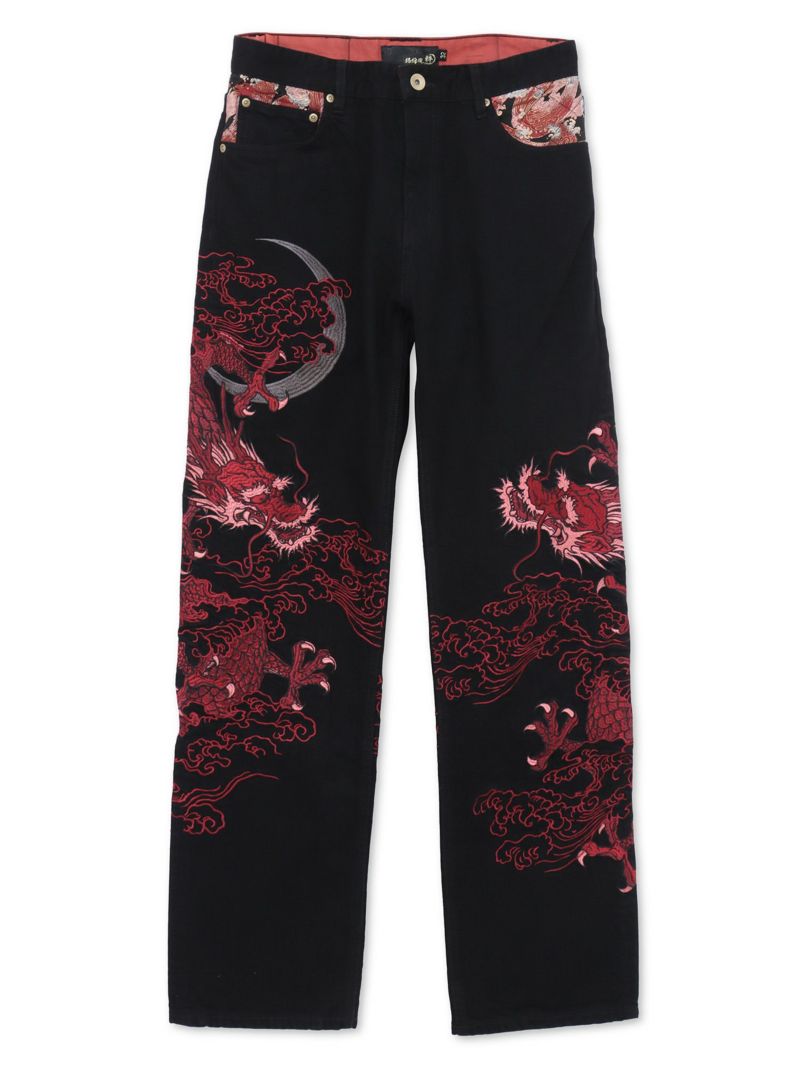 【絡繰魂・粋】“月光双龍”総刺繍デニムパンツ