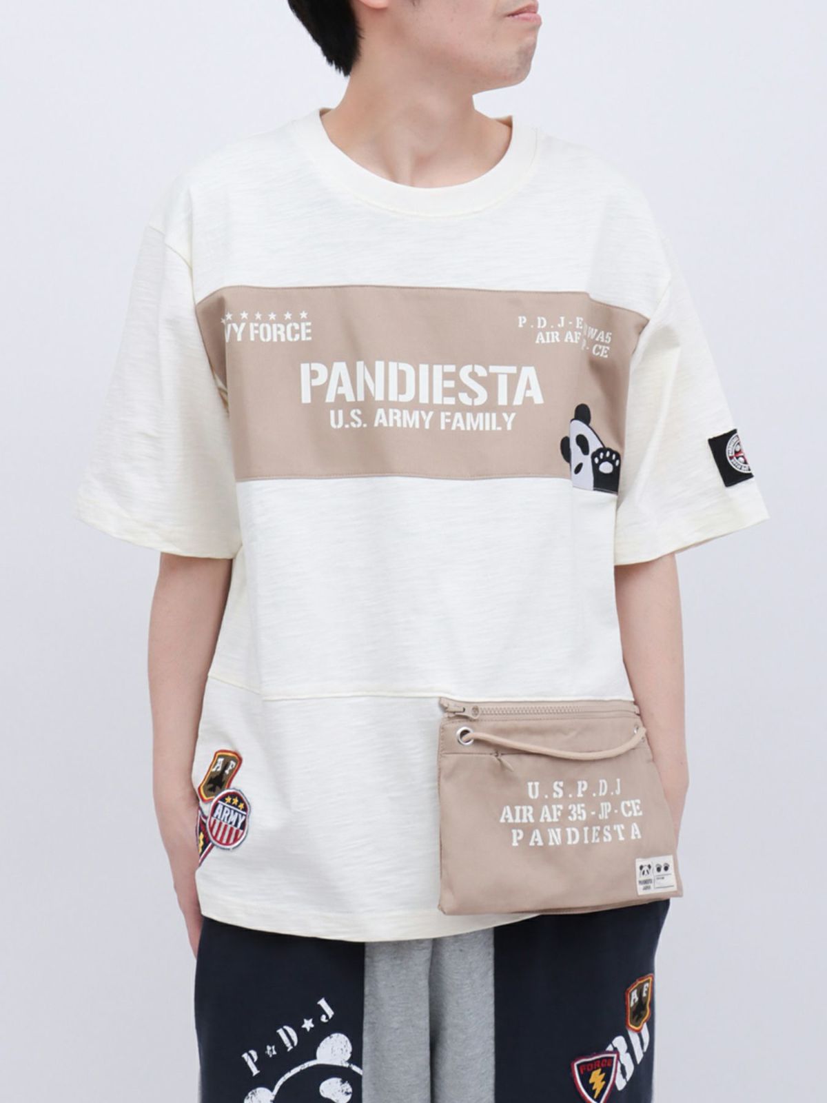 【PANDIESTA JAPAN】サコッシュ風ポケット付き ツイル切替Tシャツ
