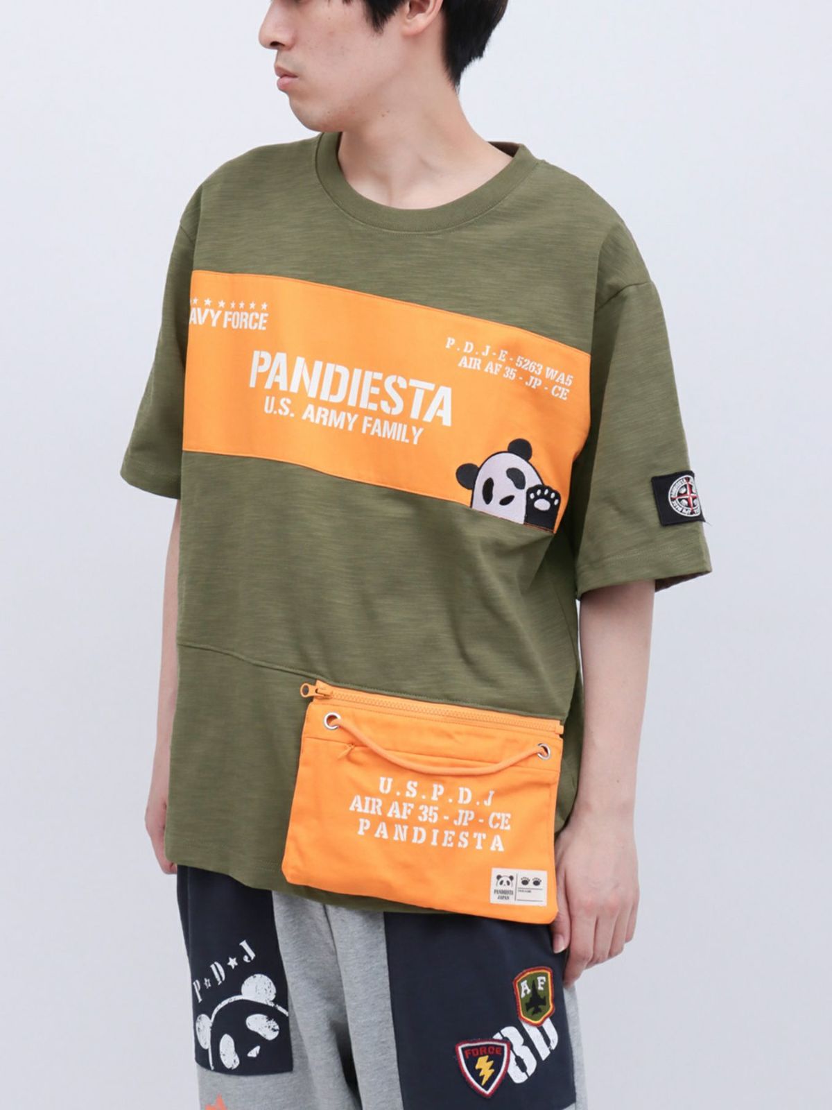 【PANDIESTA JAPAN】サコッシュ風ポケット付き ツイル切替Tシャツ