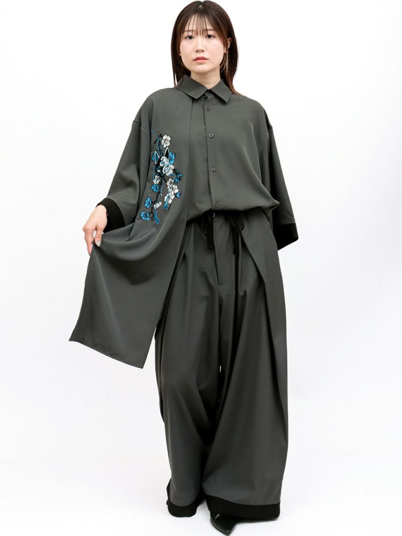 【雅結 -EN-】“狐面”総刺繍キモノスリーブ5分袖 変形シャツ