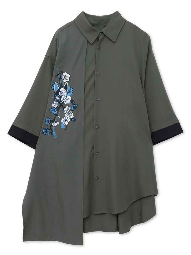 【雅結 -EN-】“狐面”総刺繍キモノスリーブ5分袖 変形シャツ