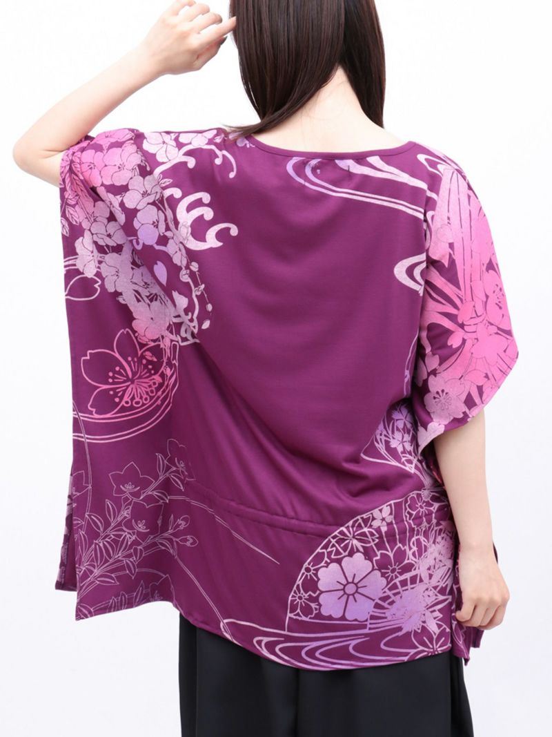 【錦】“眠り猫”グラデーションプリント 刺繍入りドルマンチュニック〔別注〕