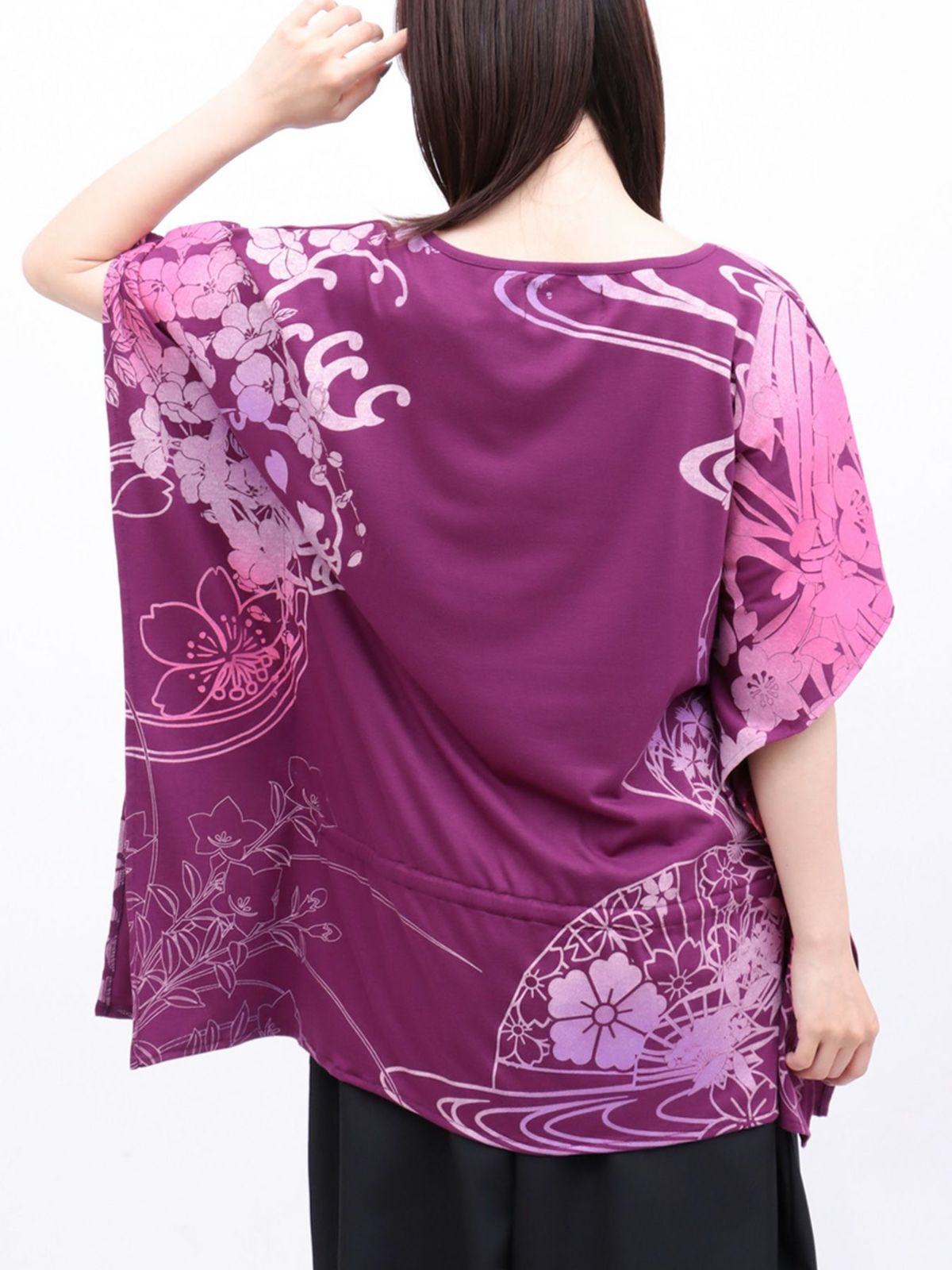 【錦】“眠り猫”グラデーションプリント 刺繍入りドルマンチュニック〔別注〕