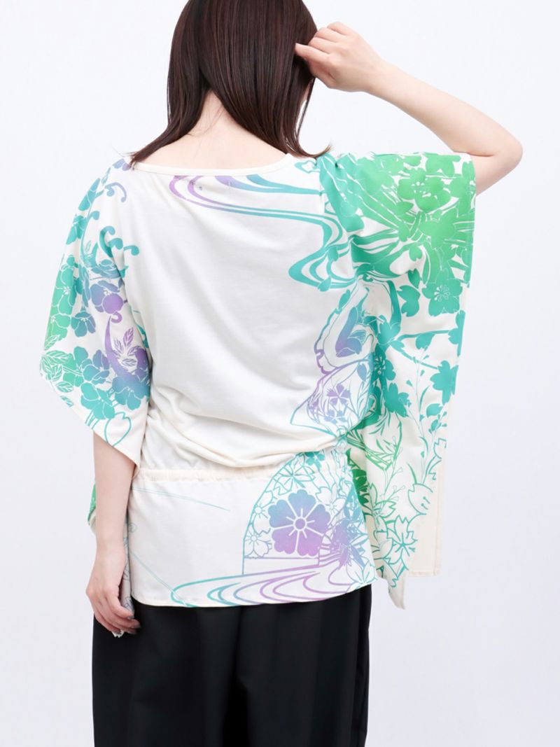 【錦】“眠り猫”グラデーションプリント 刺繍入りドルマンチュニック〔別注〕