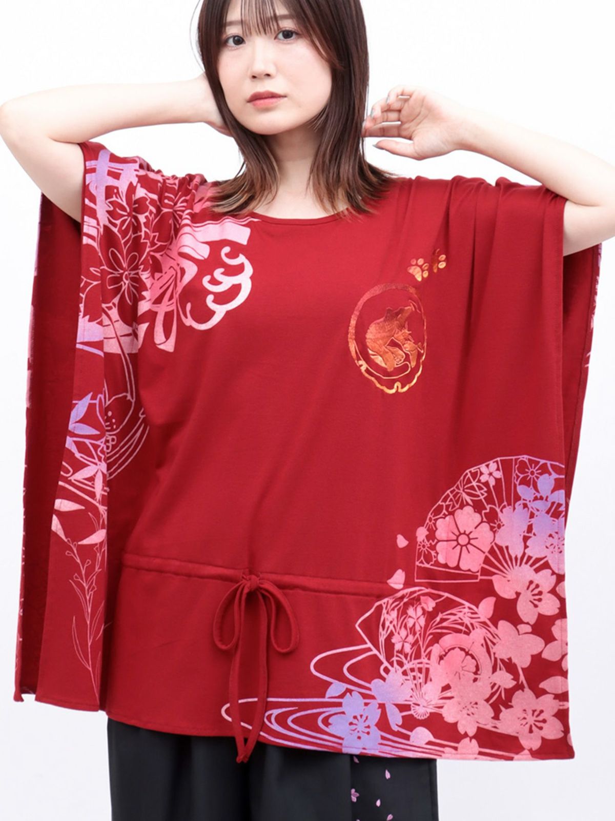 【錦】“眠り猫”グラデーションプリント 刺繍入りドルマンチュニック〔別注〕