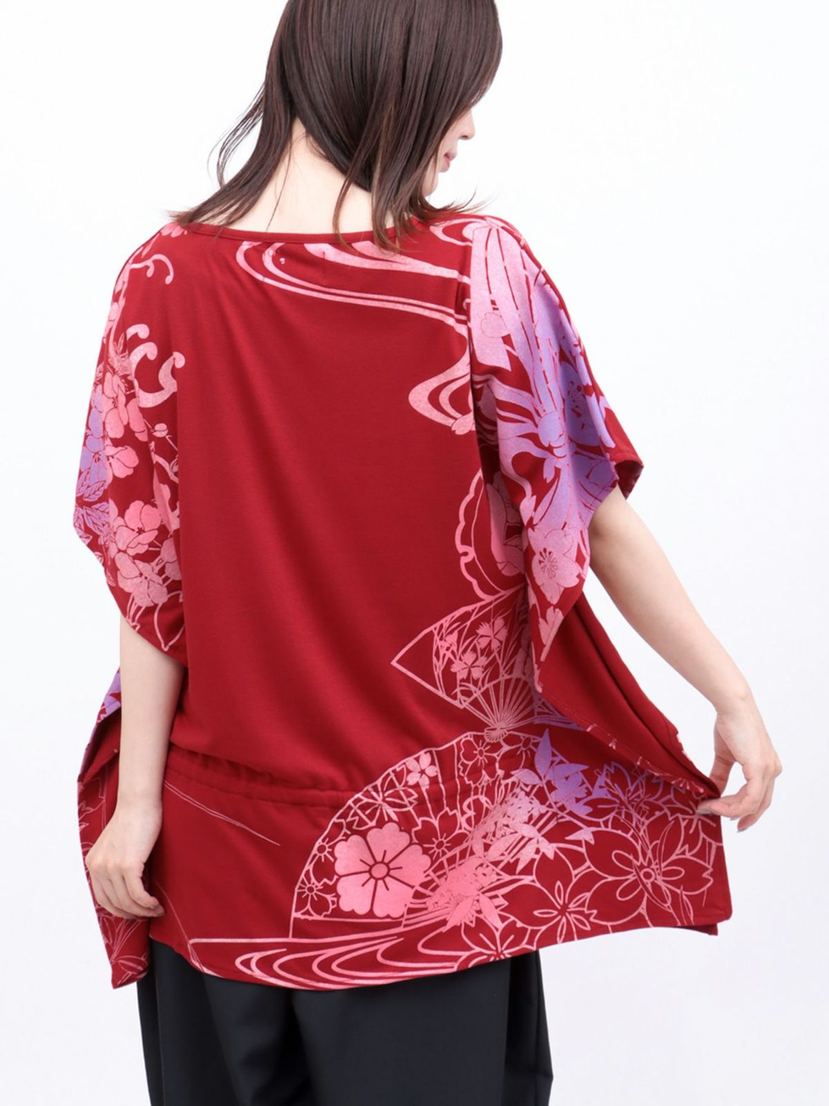 【錦】“眠り猫”グラデーションプリント 刺繍入りドルマンチュニック〔別注〕