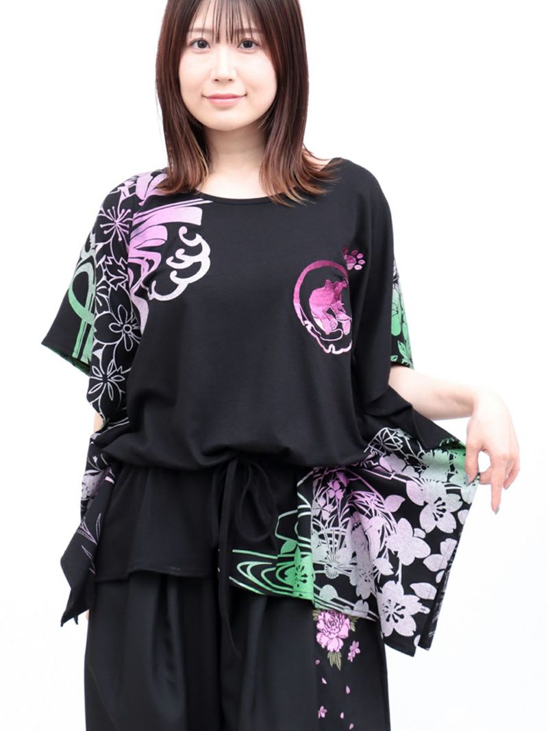 【錦】“眠り猫”グラデーションプリント 刺繍入りドルマンチュニック〔別注〕