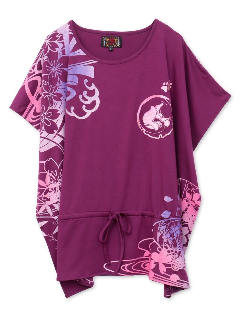 【錦】“眠り猫”グラデーションプリント 刺繍入りドルマンチュニック〔別注〕