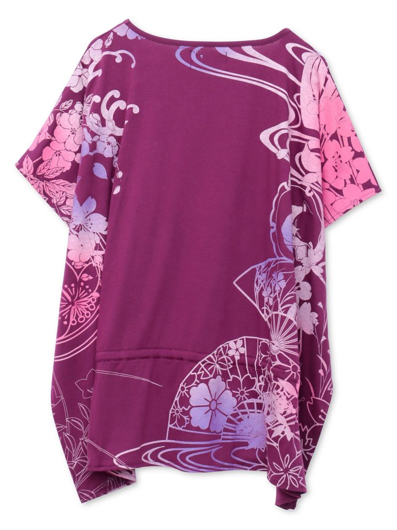 【錦】“眠り猫”グラデーションプリント 刺繍入りドルマンチュニック〔別注〕