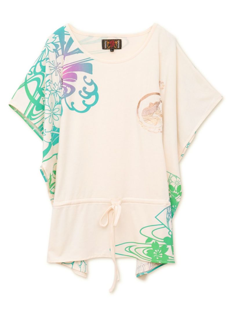 【錦】“眠り猫”グラデーションプリント 刺繍入りドルマンチュニック〔別注〕