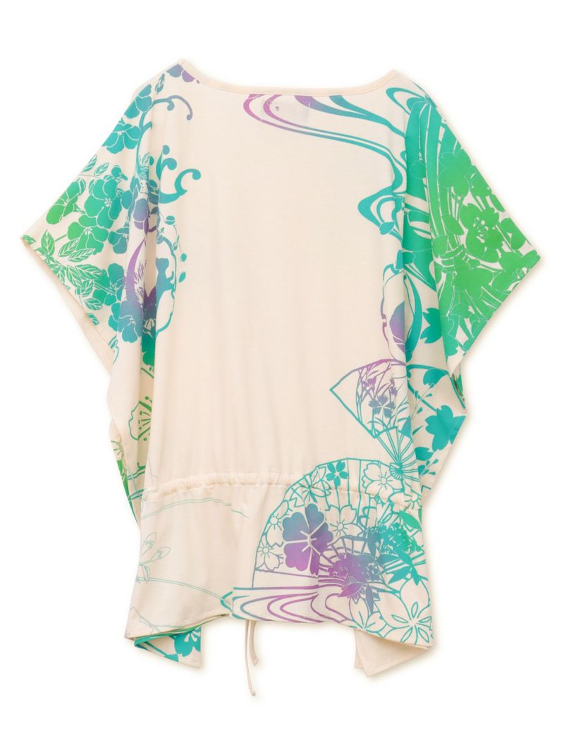 【錦】“眠り猫”グラデーションプリント 刺繍入りドルマンチュニック〔別注〕