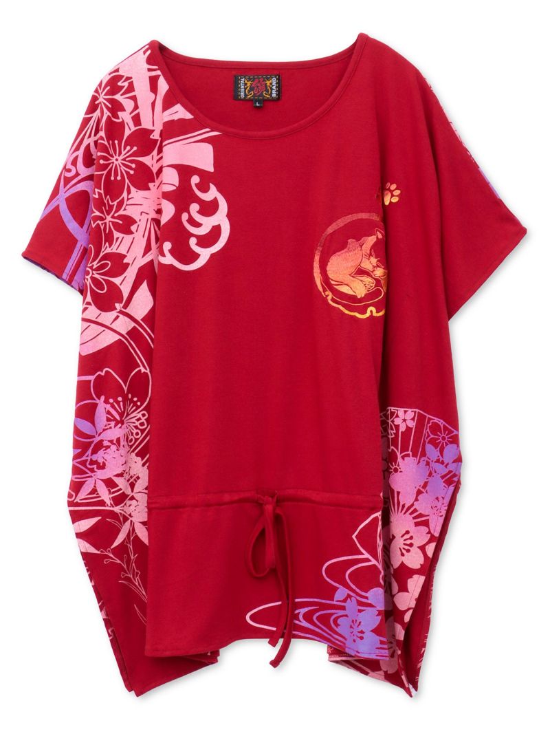 【錦】“眠り猫”グラデーションプリント 刺繍入りドルマンチュニック〔別注〕