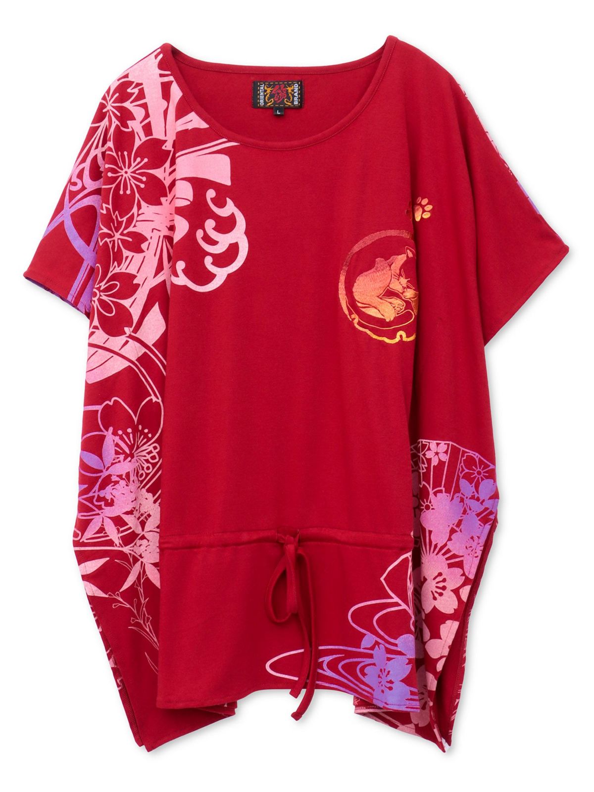 【錦】“眠り猫”グラデーションプリント 刺繍入りドルマンチュニック〔別注〕