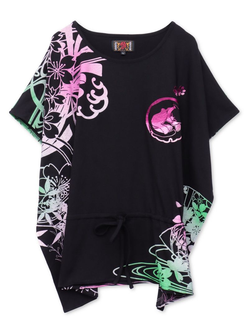 【錦】“眠り猫”グラデーションプリント 刺繍入りドルマンチュニック〔別注〕
