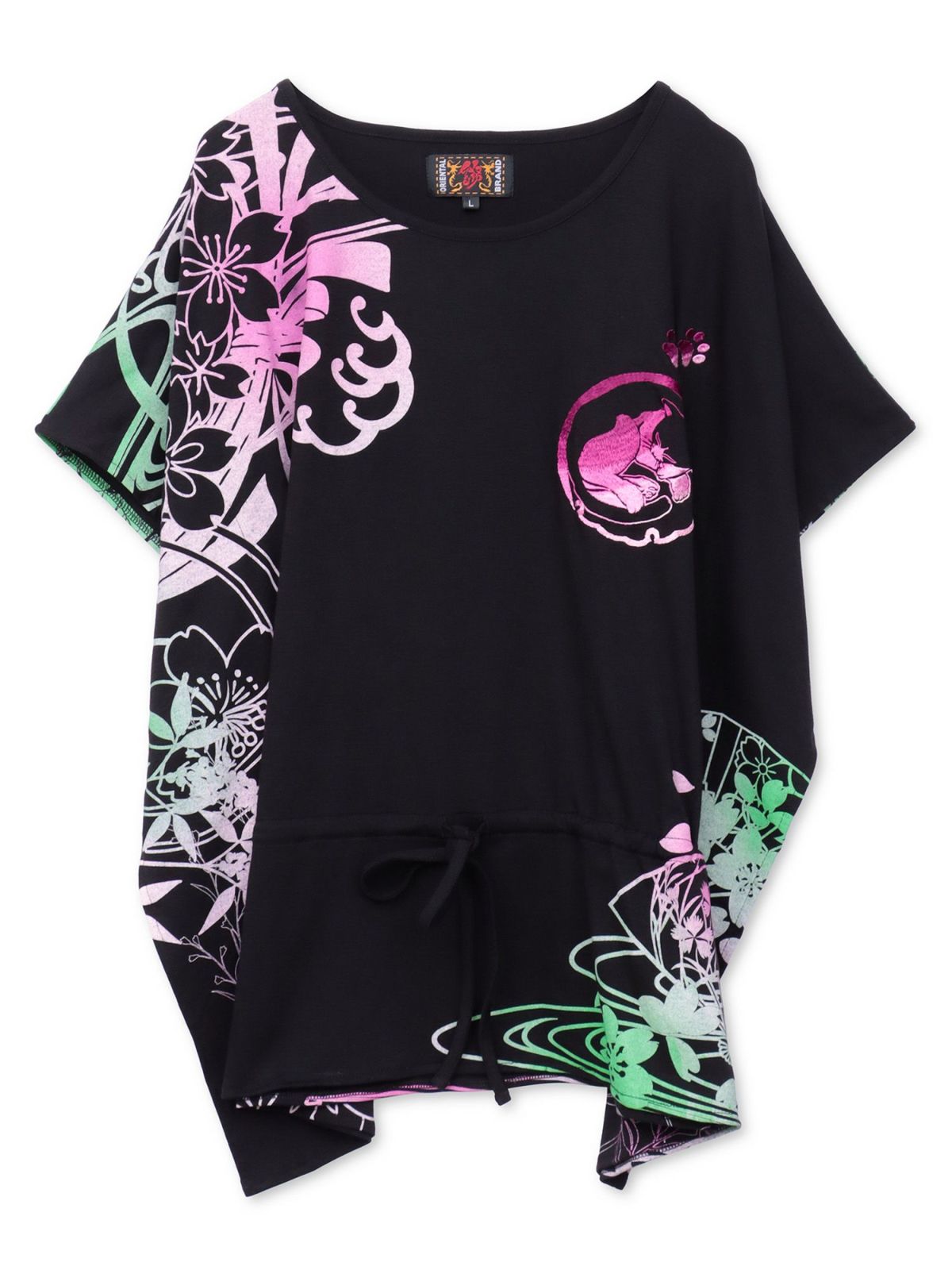 【錦】“眠り猫”グラデーションプリント 刺繍入りドルマンチュニック〔別注〕