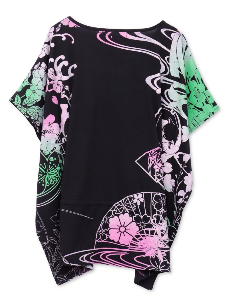 【錦】“眠り猫”グラデーションプリント 刺繍入りドルマンチュニック〔別注〕