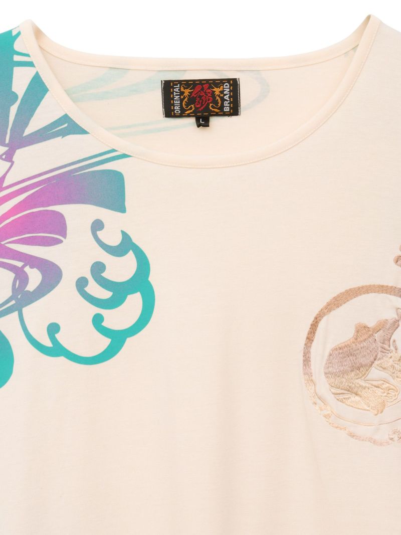 【錦】“眠り猫”グラデーションプリント 刺繍入りドルマンチュニック〔別注〕