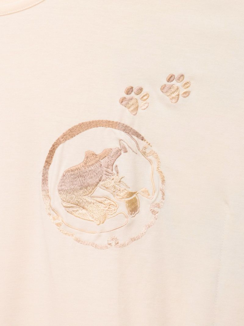 【錦】“眠り猫”グラデーションプリント 刺繍入りドルマンチュニック〔別注〕