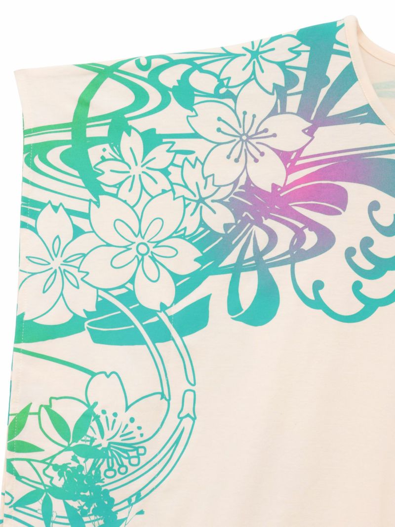 【錦】“眠り猫”グラデーションプリント 刺繍入りドルマンチュニック〔別注〕