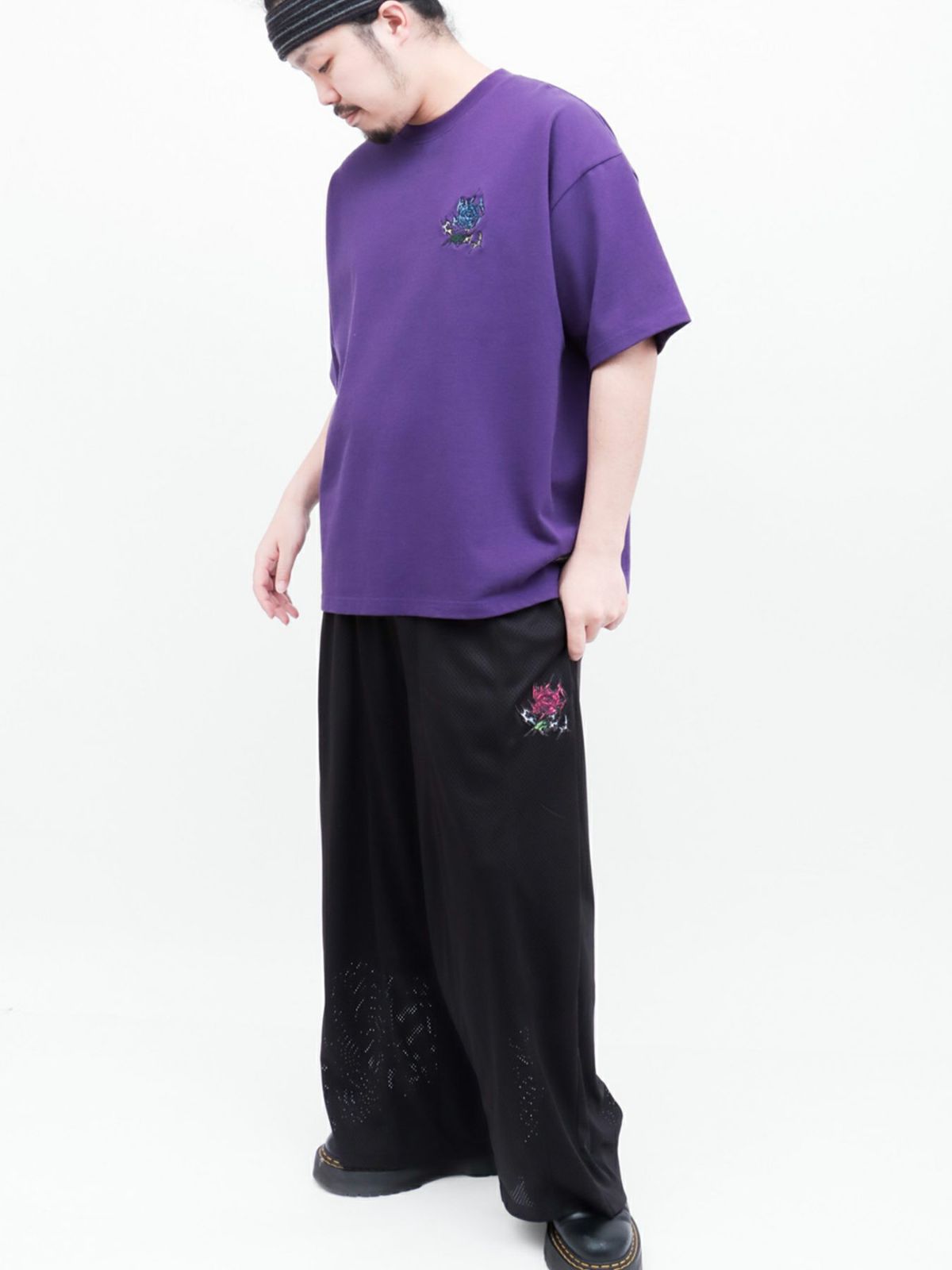 【DRASTIC GARDEN】“稲妻の薔薇”総刺繍メッシュ素材ワイドパンツ