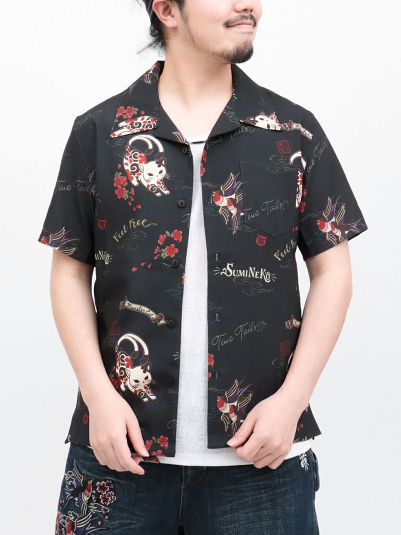 【SUMINEKO】“ツバメと伸び猫”総柄 半袖開襟シャツ