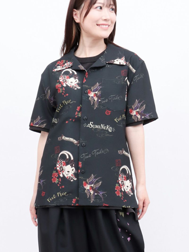 【SUMINEKO】“ツバメと伸び猫”総柄 半袖開襟シャツ