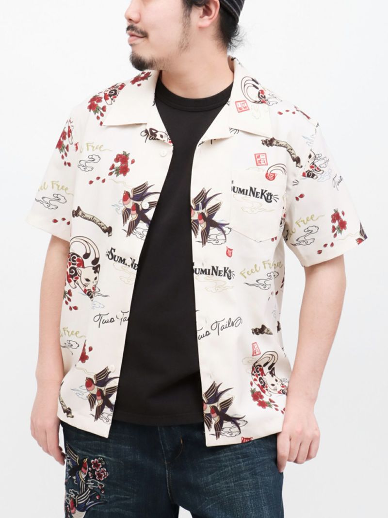 【SUMINEKO】“ツバメと伸び猫”総柄 半袖開襟シャツ