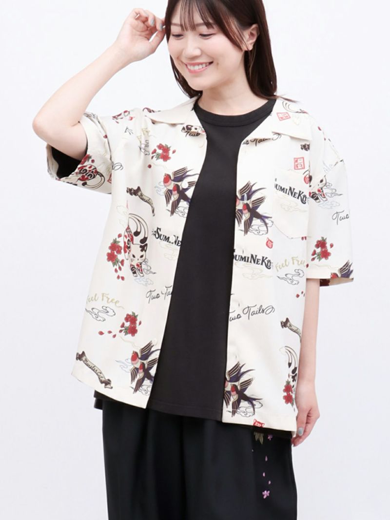 【SUMINEKO】“ツバメと伸び猫”総柄 半袖開襟シャツ