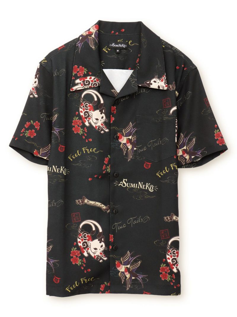 【SUMINEKO】“ツバメと伸び猫”総柄 半袖開襟シャツ