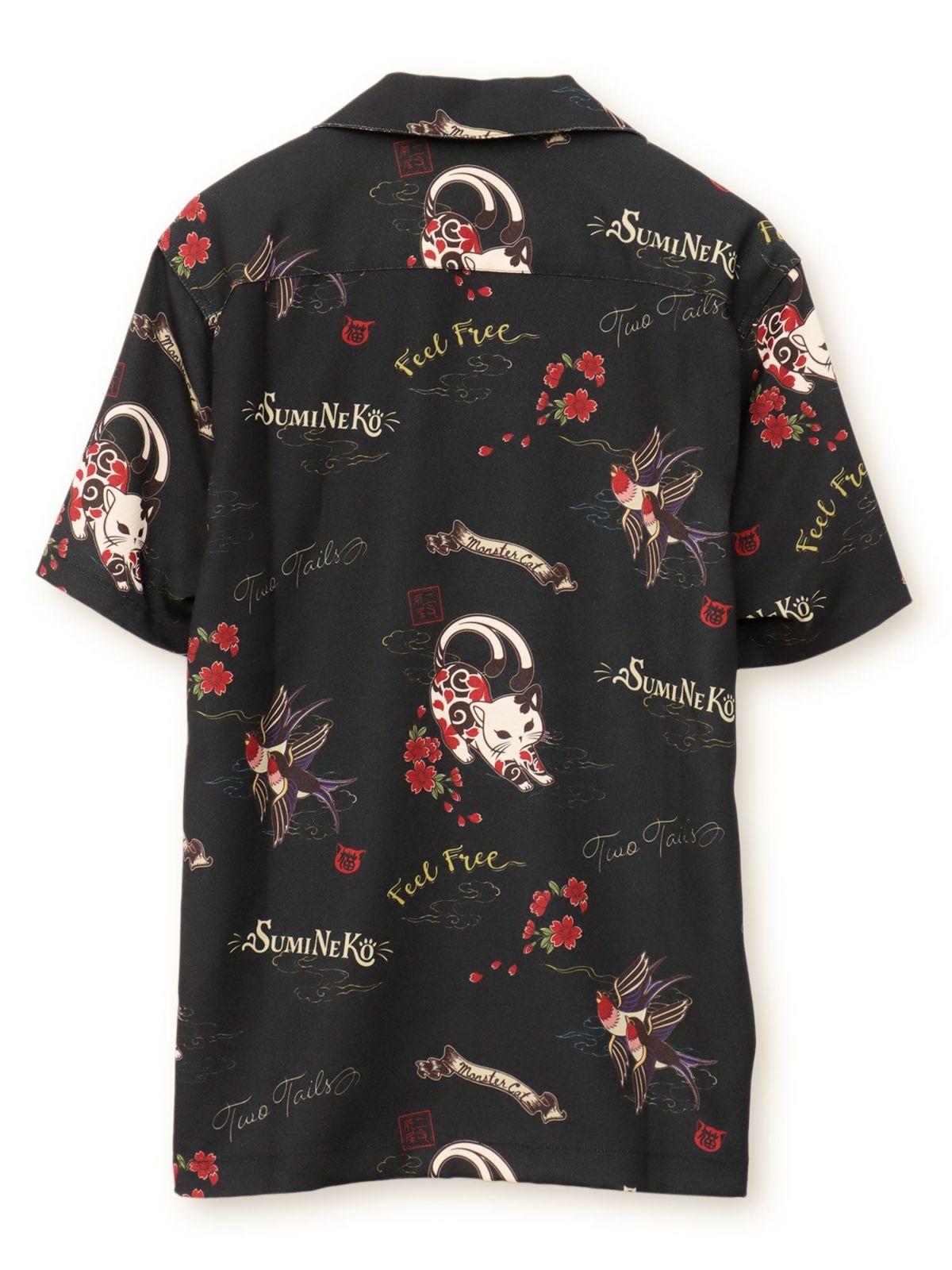 【SUMINEKO】“ツバメと伸び猫”総柄 半袖開襟シャツ