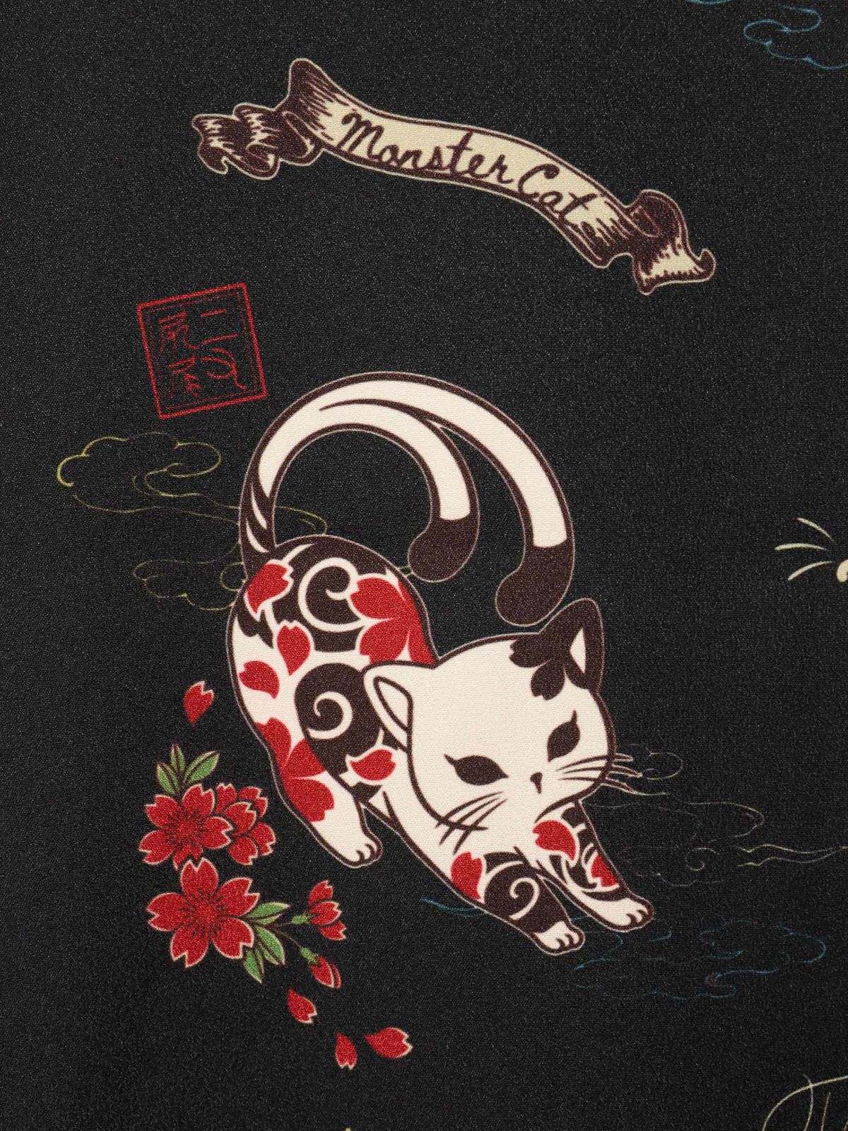 【SUMINEKO】“ツバメと伸び猫”総柄 半袖開襟シャツ