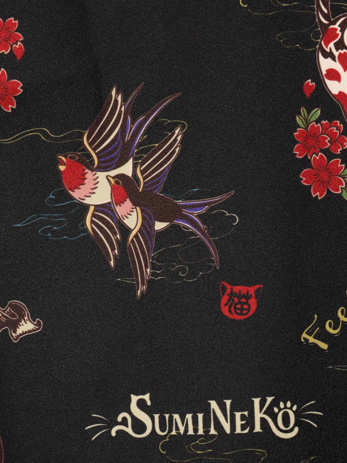 【SUMINEKO】“ツバメと伸び猫”総柄 半袖開襟シャツ