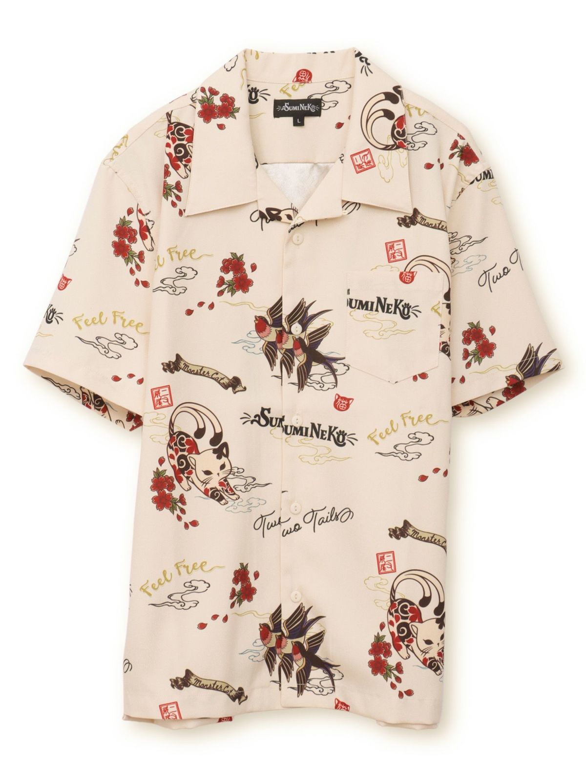 【SUMINEKO】“ツバメと伸び猫”総柄 半袖開襟シャツ
