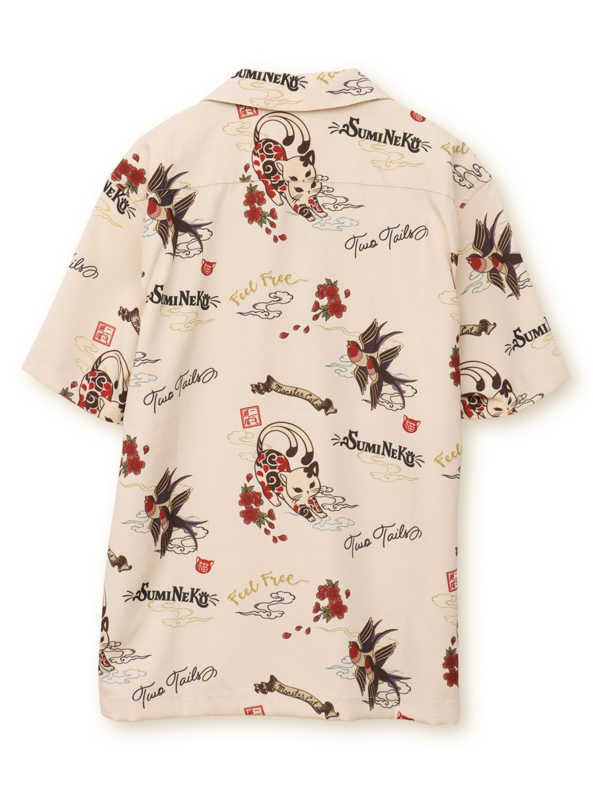 【SUMINEKO】“ツバメと伸び猫”総柄 半袖開襟シャツ