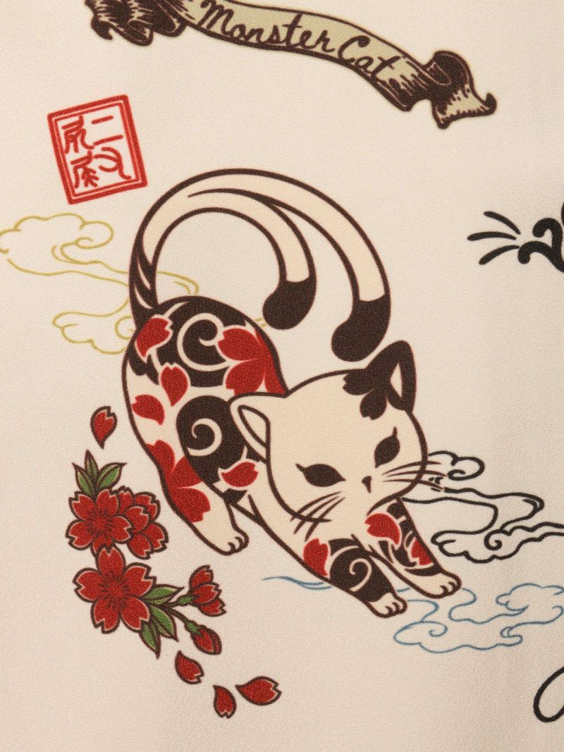 【SUMINEKO】“ツバメと伸び猫”総柄 半袖開襟シャツ