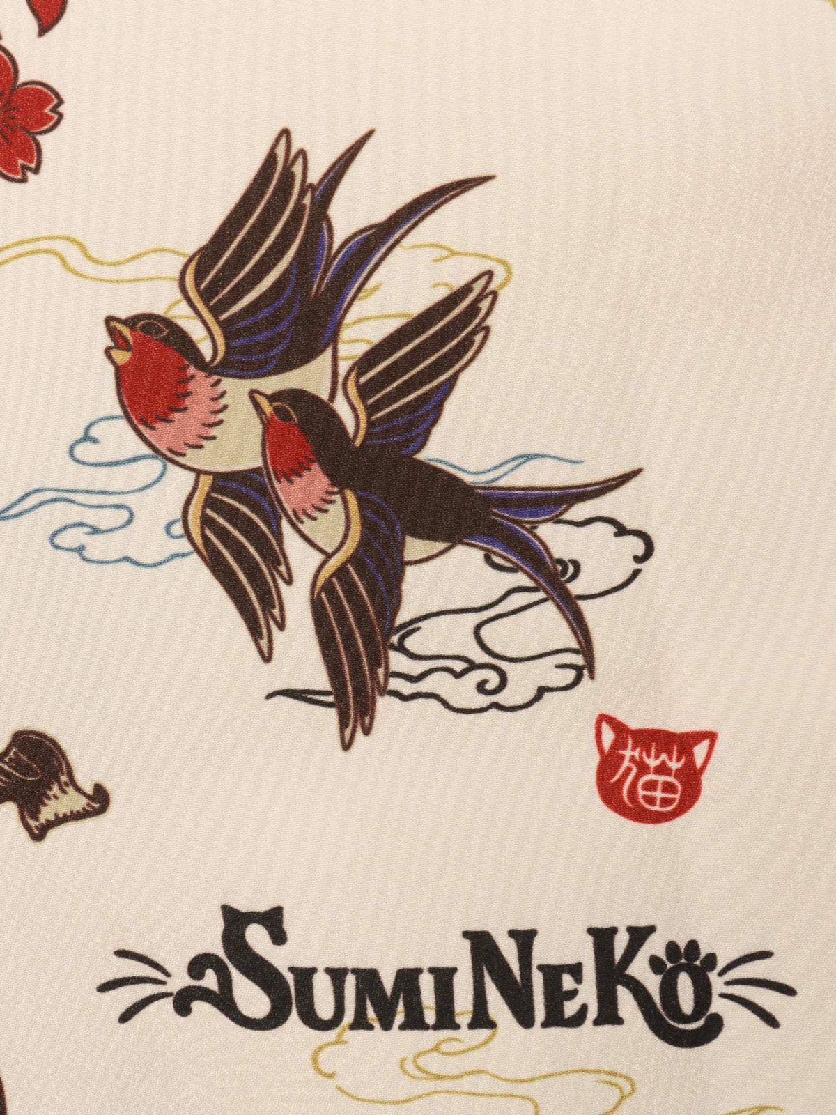 【SUMINEKO】“ツバメと伸び猫”総柄 半袖開襟シャツ
