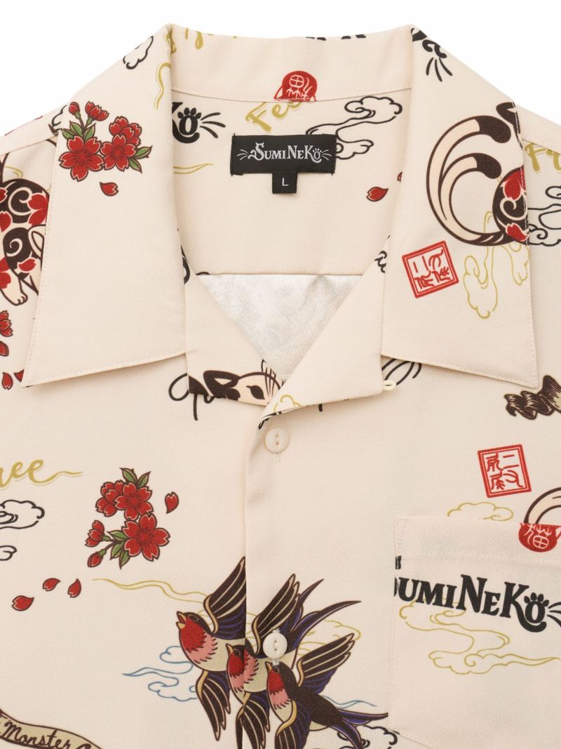 【SUMINEKO】“ツバメと伸び猫”総柄 半袖開襟シャツ