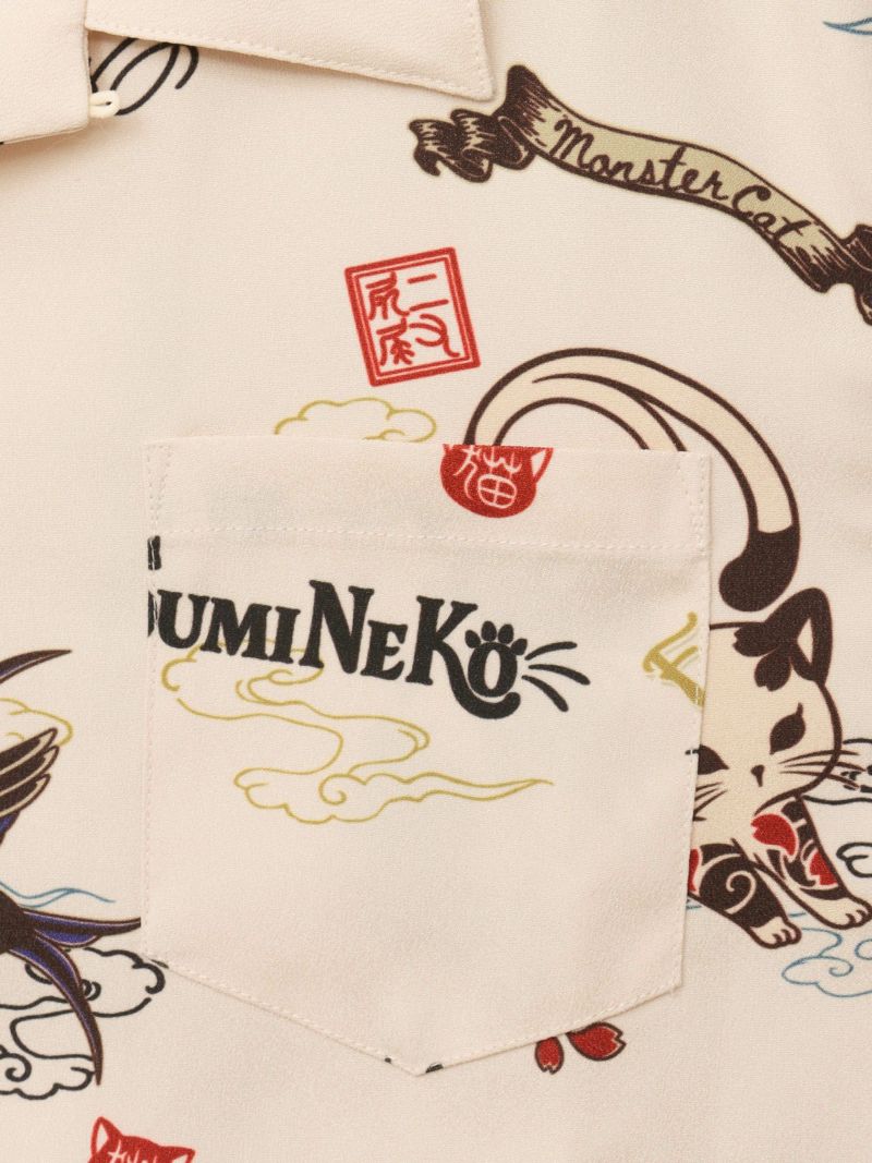 【SUMINEKO】“ツバメと伸び猫”総柄 半袖開襟シャツ