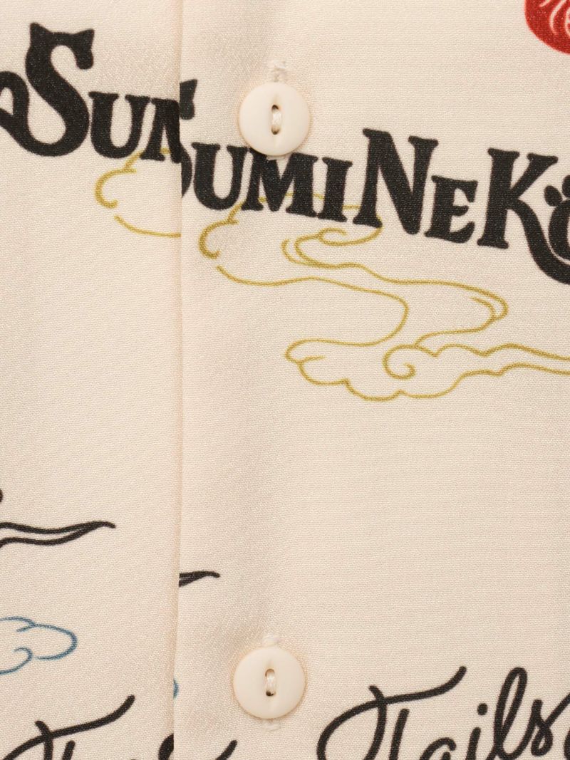 【SUMINEKO】“ツバメと伸び猫”総柄 半袖開襟シャツ