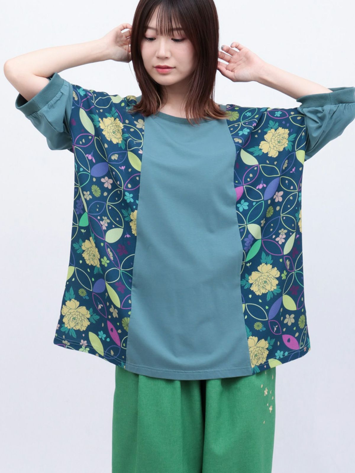 【雅結】和生地切り替え 接触冷感素材ドルマンTシャツ